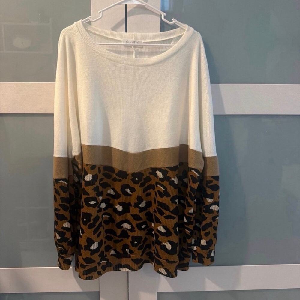 Rae Mode 2XL Waffle Knit Leopard Color Block Top Cream Long Sleeve USA NWOT